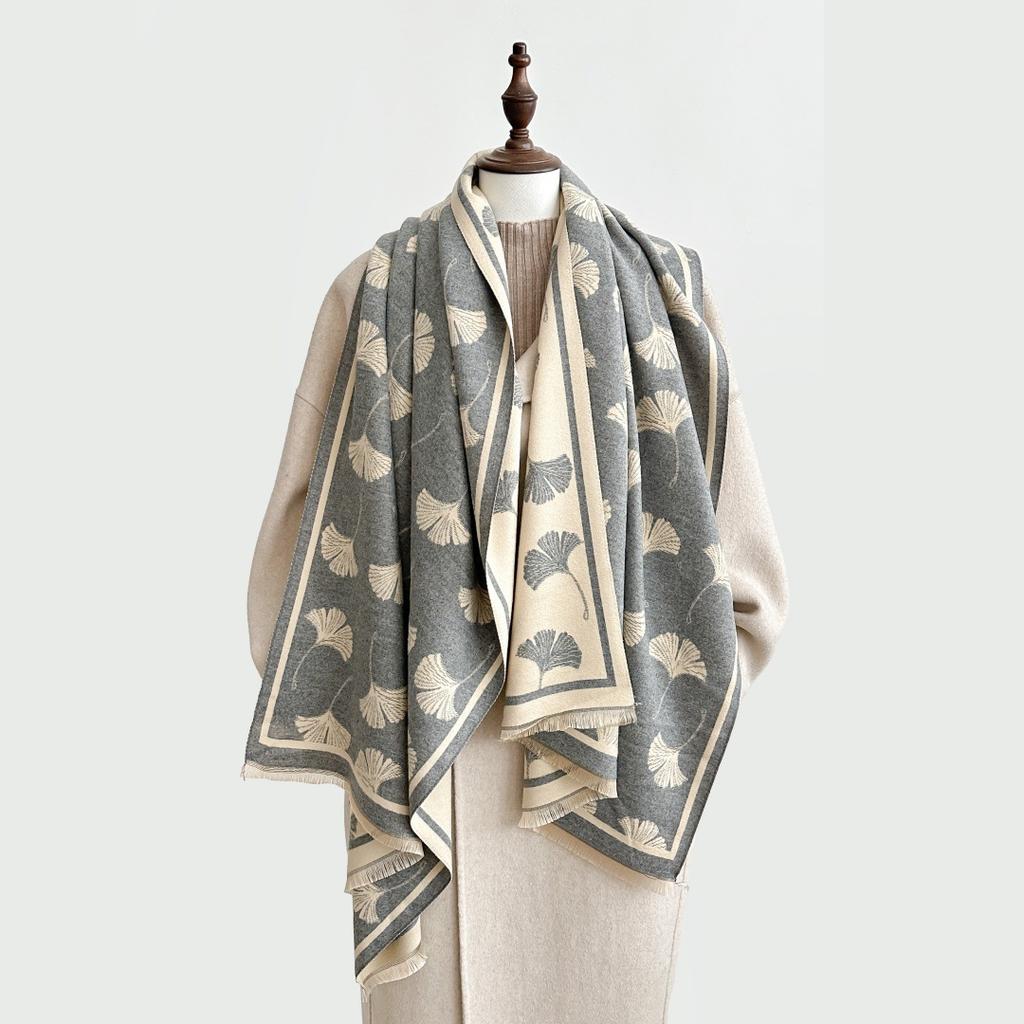 Korean Atmosphere Scarf Women'S Spring, Autumn And Winter Double-Sided Ginkgo Biloba Leaves Thickened Long Imitation Cashmere Air-Conditioned Room