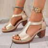 Fashion Vintage Solid Slip On Cover Heel Gladiator Sandals Women 2025 Summer Round Toe High Heels Sandals Classic Beach Shoes Plus Size