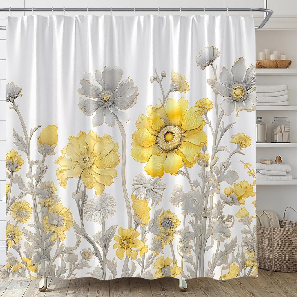 Yellow Grey Floral Shower Curtain Watercolor Flower Leaves Rustic Farmhouse Nature Plant Abstract Modern Home Fabric Bathroom Decor Set Include
