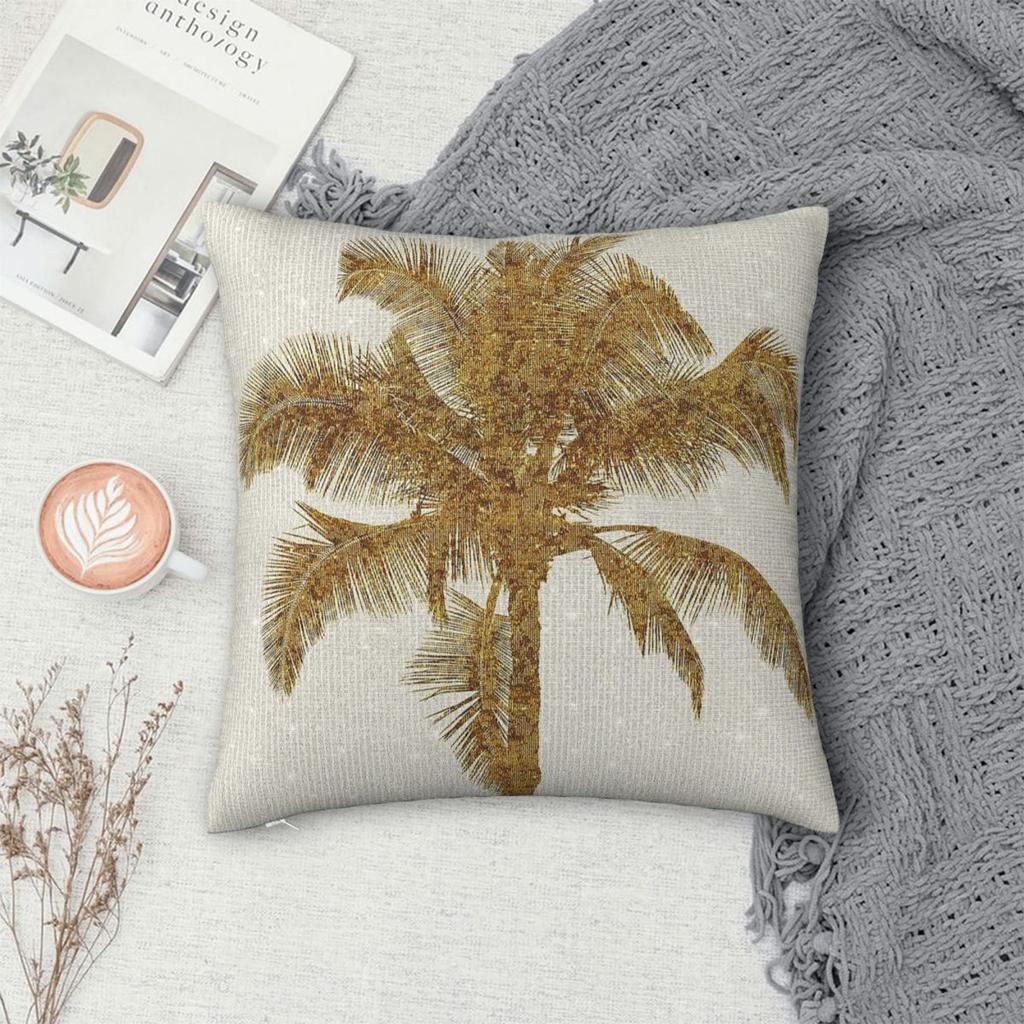Goldene Palme Faux Metallische Folie Quadratische Kissenhülle Polyester Leinen Samt Bedruckt Reißverschluss Dekorative Kissenhülle Auto Kissenbezug