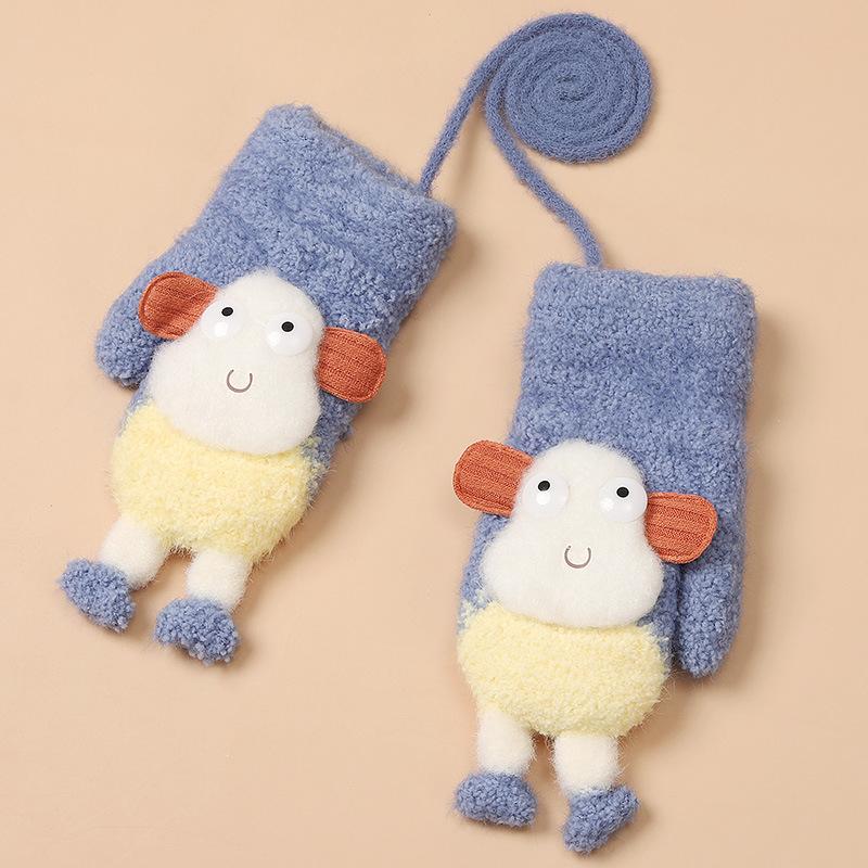 Winter Plus Velvet Children's Gloves Kindergarten Baby Warm and Cold Proof Gloves Cute Finger Rope Knitted Cotton Gloves