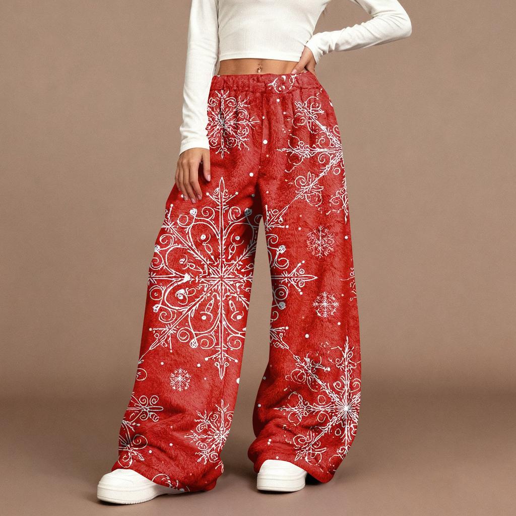 Women's Casual Fashion Christmas Print Elastic Waist Loose Plush Wide Leg Pants