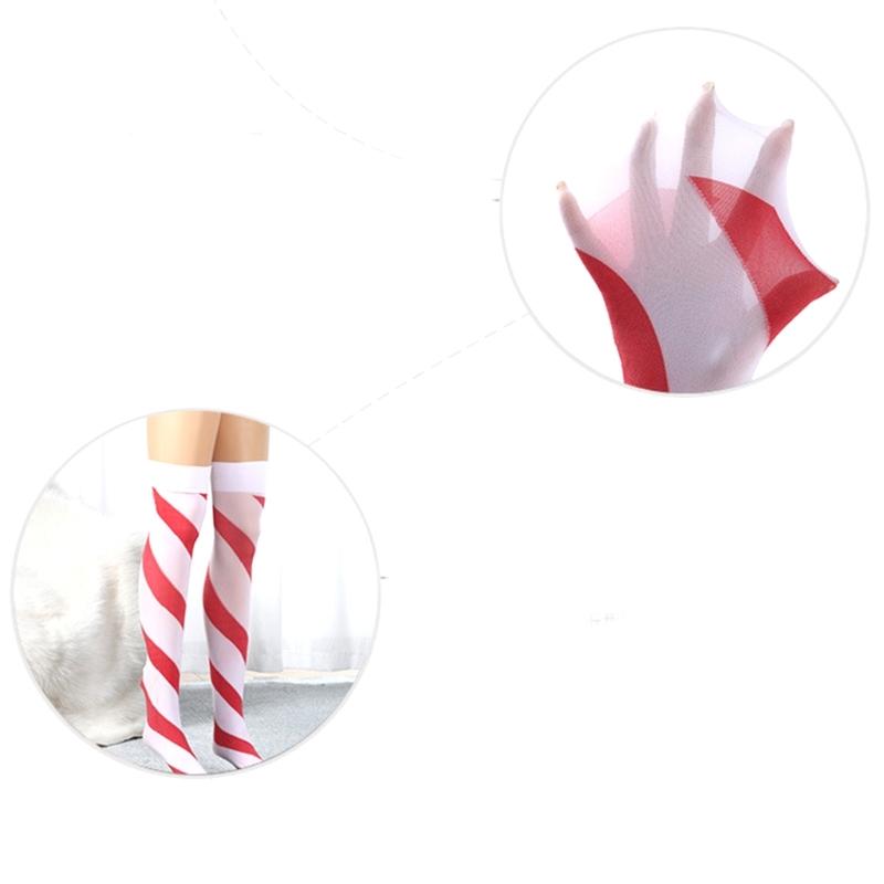 Women Red White Striped Over Knee Long Socks Cute Lovely Bowknot Thigh High Stockings for Christmas Party Costume