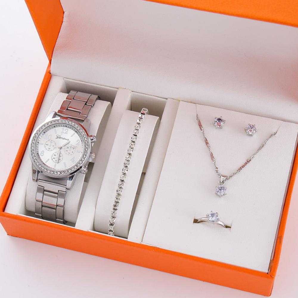 Popular Five-Piece Women'S Watch Three-Eye Set Quartz Diamond-Encrusted Watch Gift Bracelet Watch