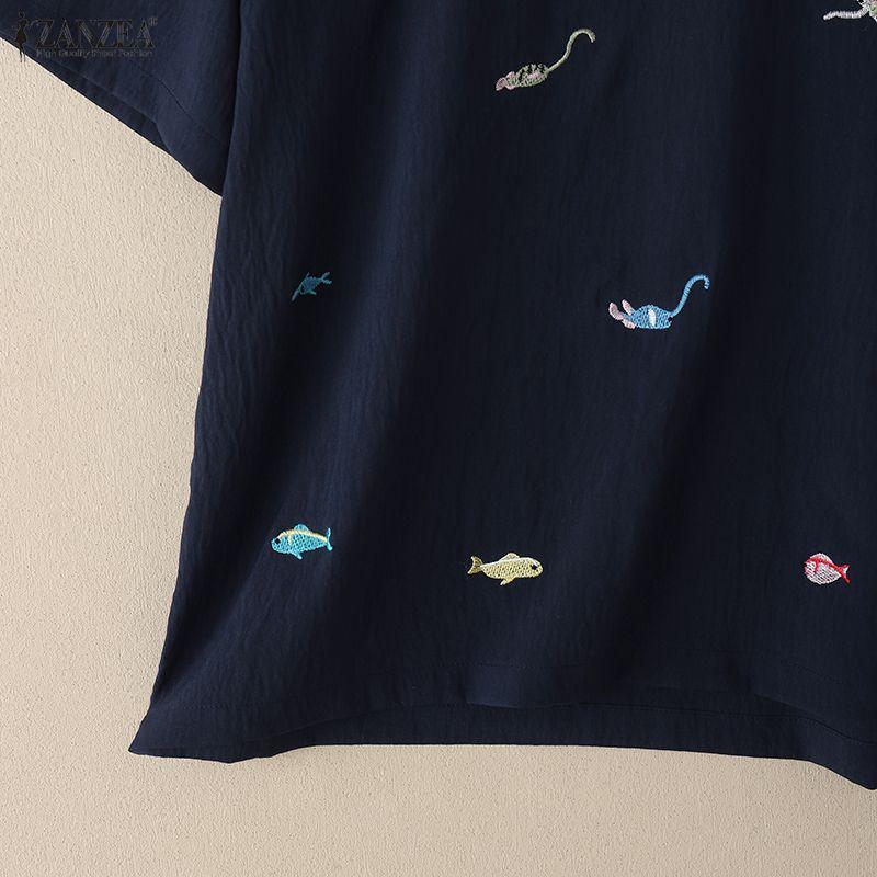 ZANZEA Women Casual Round Neck Summer Print Loose Short Sleeve Blouse