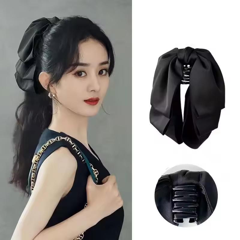 1pc New French Elegant Satin Black Big Bow Hairband High Forehead Wash Hair Band Wrinkle