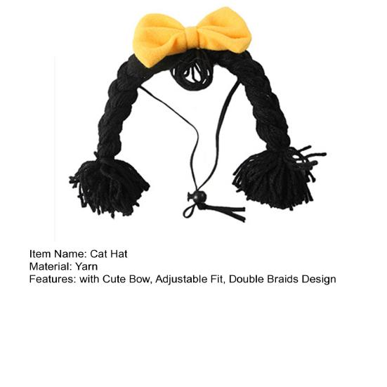 Yarn Wig Cat Hat Double Braids Pet Wig with Cute Bow Bendable Cat Wig with Adjustable Elastic Rope for Cats And Small Dogs Photo Prop Party Costume
