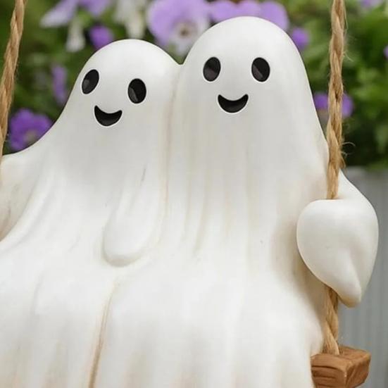 Halloween Couple Ghost Swing Statue Resin White Ghost Swinging Figurine Cute Ghost Sculpture for Garden Patio Yard Decor