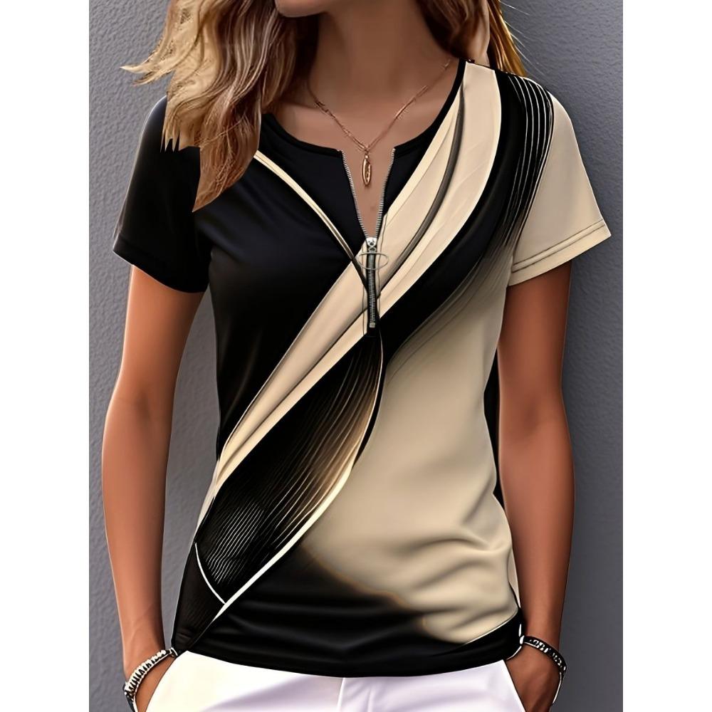 Women's Polo Shirt with Fashionable Zipper and Geometric Design, Suitable for Daily Casual Wear