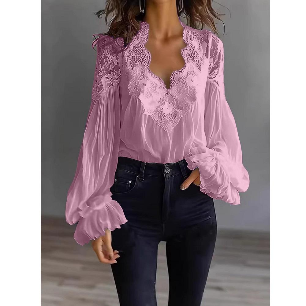 Women Lace Blouses and Shirts Ladies Puff Sleeve V-neck Tops Shirts
