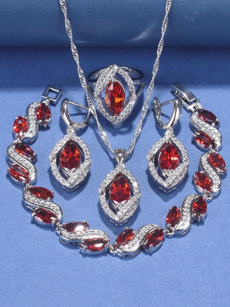 Matrimonio a Dubai Accessorio Gioielleria Raffinata Bracciale e Anello con Granato Rosso di Qualità Set di Orecchini e Collana da Donna