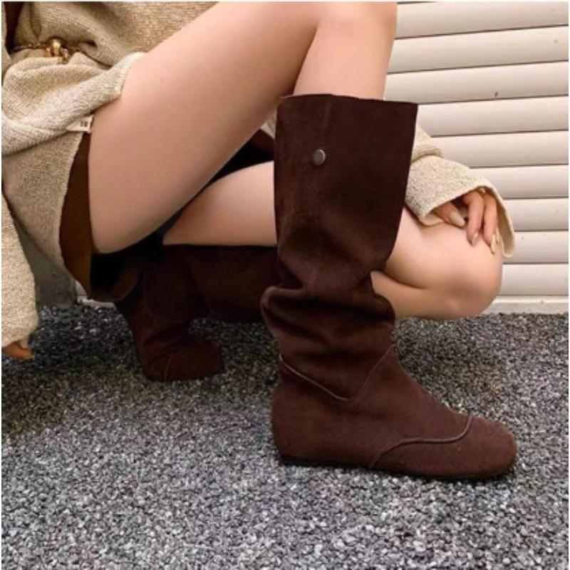 Women's Faion Boots Increased Height Plu Flat Bot High Tube Autumn Winter New Sle Retro Boots round Toe Rubber Outsole