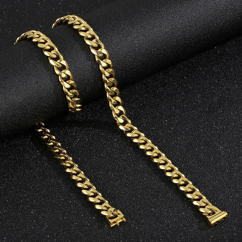 Kalen 10/12/13MM Cuban Chain Heavy Bracelet Shiny Necklace for Men 316L Stainless Steel Gold Color Jewelry Birthday P arty Gift