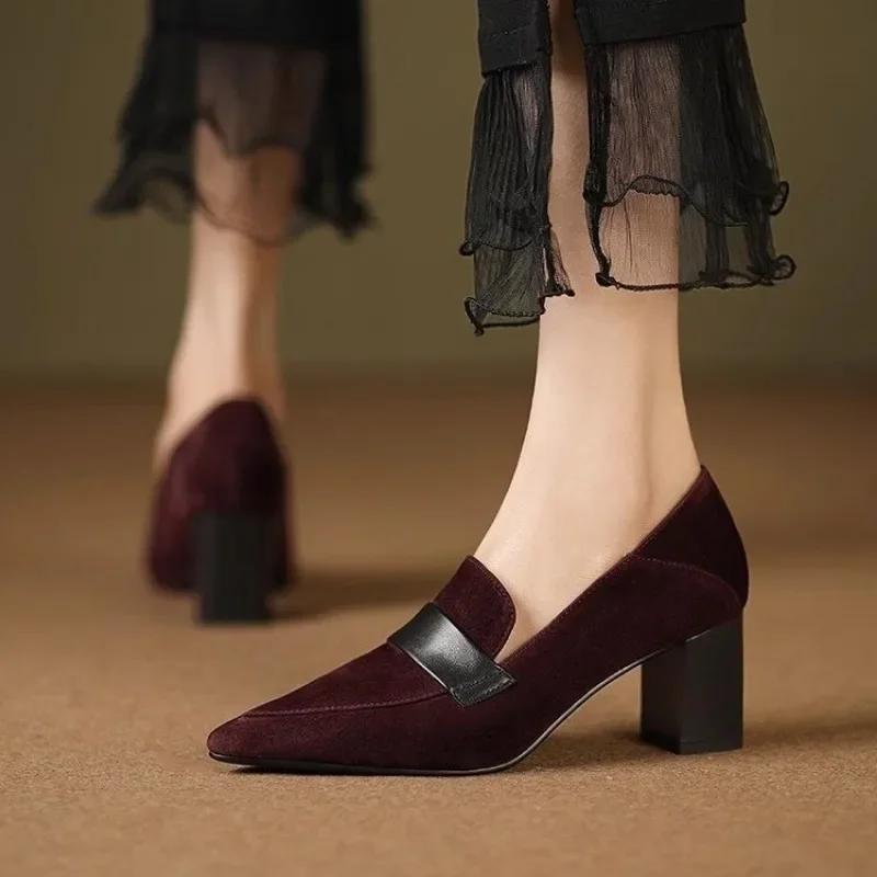 Pointed Toe Women Pumps Autumn Thick High Heeled Loafers Suede Black British Retro Slip on Dress Party Heels for Woman Zapatos