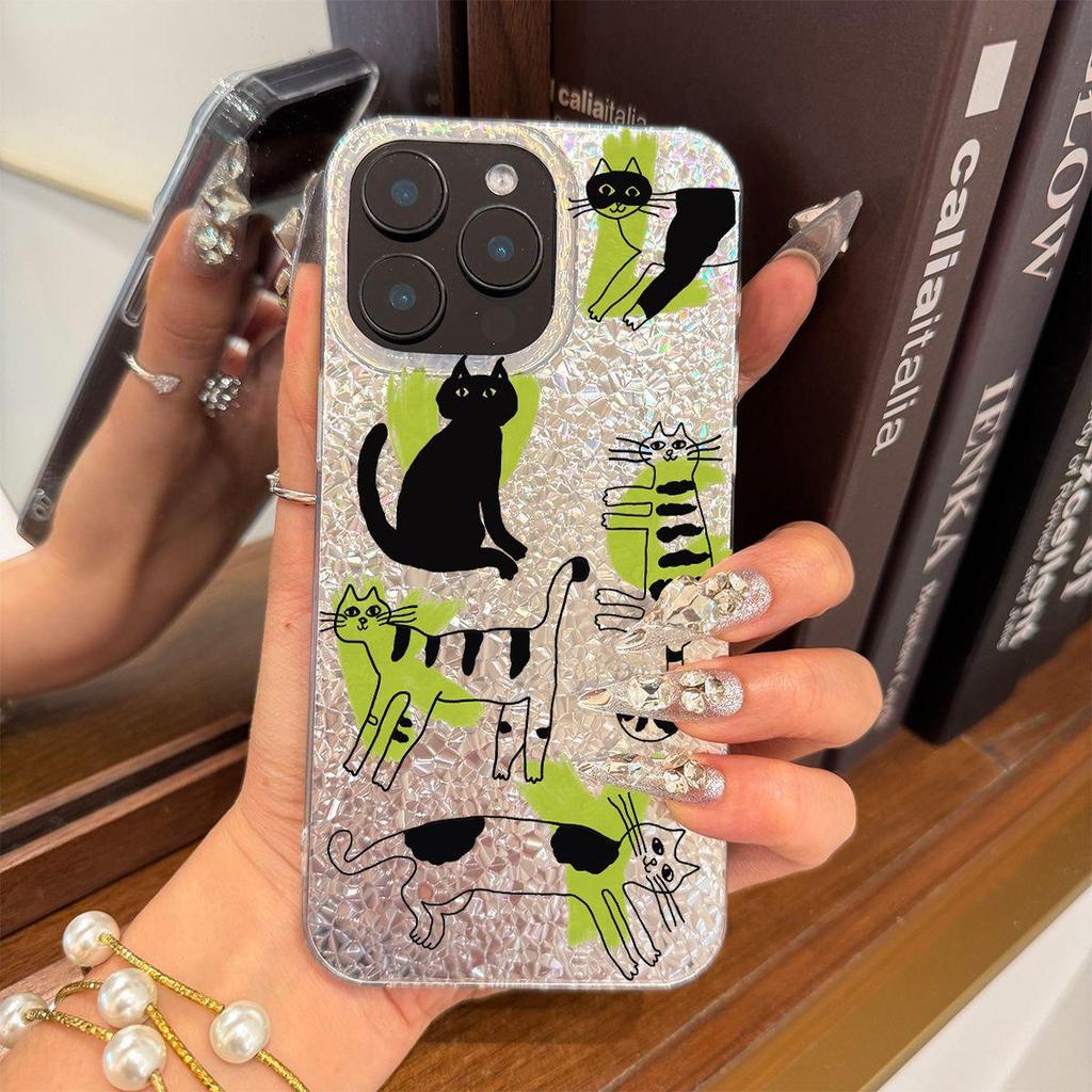 Black Cats Case for iphone XS Max XR 18 Pro Max 13 15 12 Air 14 16 Plus 17 Pro 11 Silver Glitter Crackle Background