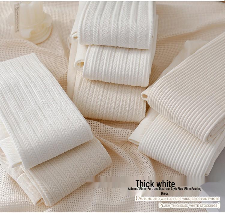 Women's High-Waist Cotton Leggings - Thick, Velvet-Lined, Stirrup Tights In Milk White & Beige for Autumn/Winter