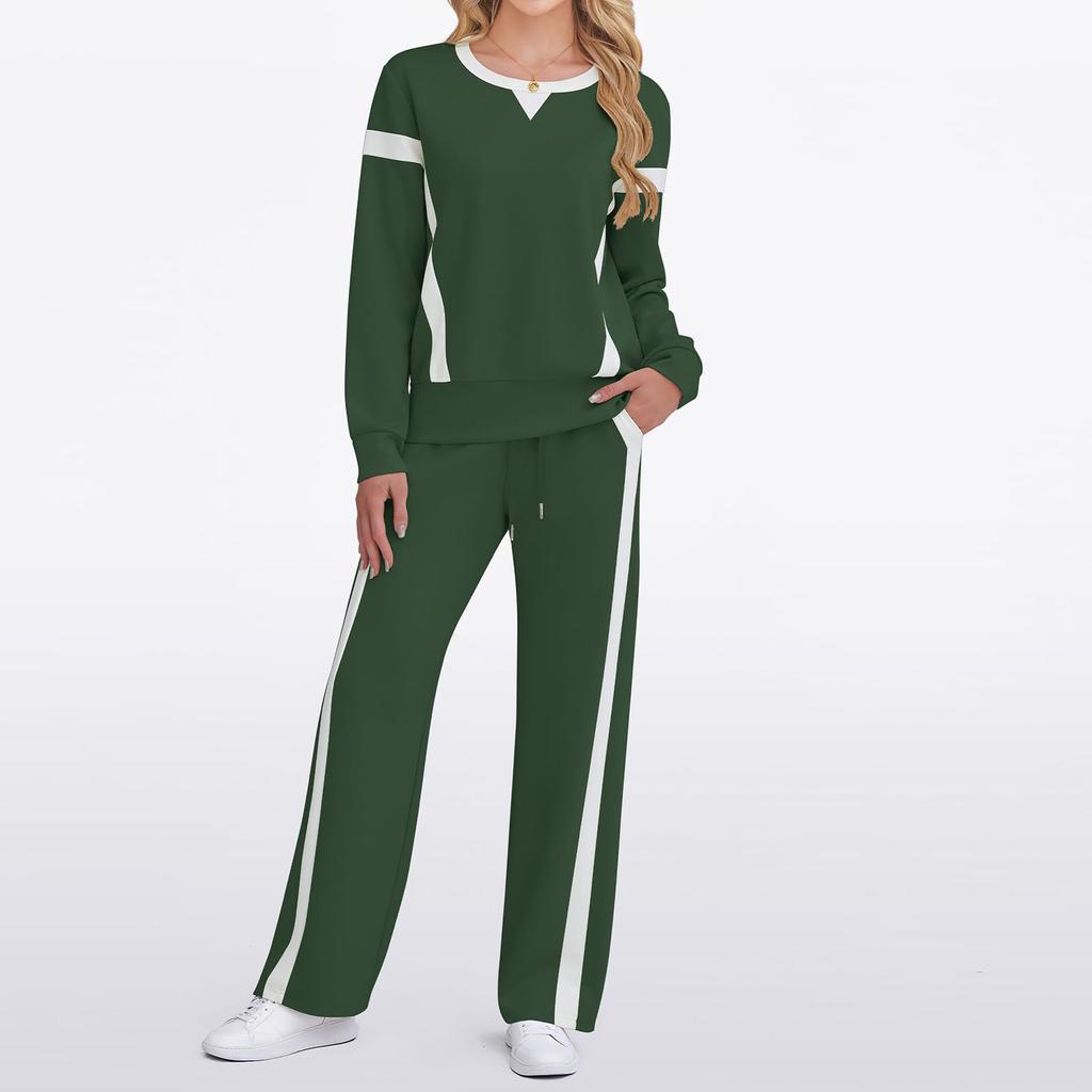 Women's Fashion Casual Long-Sleeve Solid Color Blocked Hoodie And Wide-Leg Pants Two-Piece Set