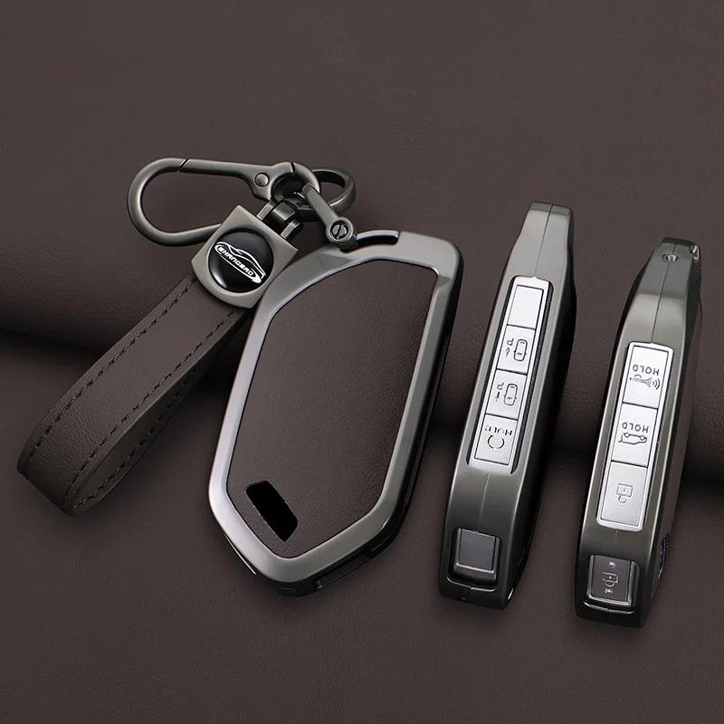 Alloy+Leather Car Key Case Cover for Kia EV9 Picanto Sorento MQ4 Carnival KA4 Morning K5 Carens 2024 Shell Fob Accessories