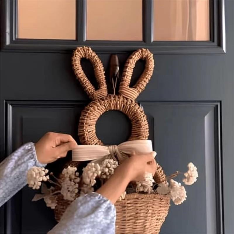Easter Bunny Wall Hanging Woven Basket, Handmade Bunny Woven Plant Hanging Basket, Outdoor Bunny Wall Decorative Flower Basket