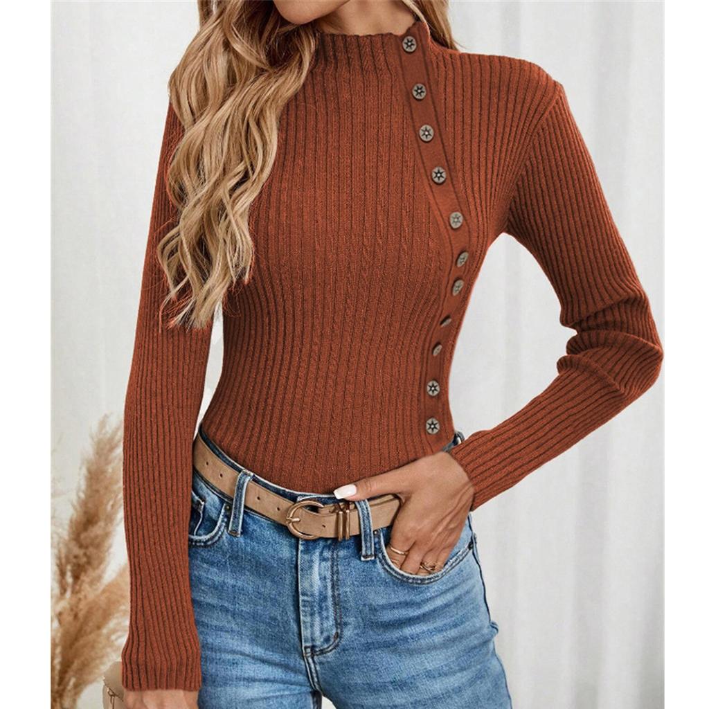 Dame Casual Ensfarget Slim Fit Strikket Genser Langermet Basisgenser Genser