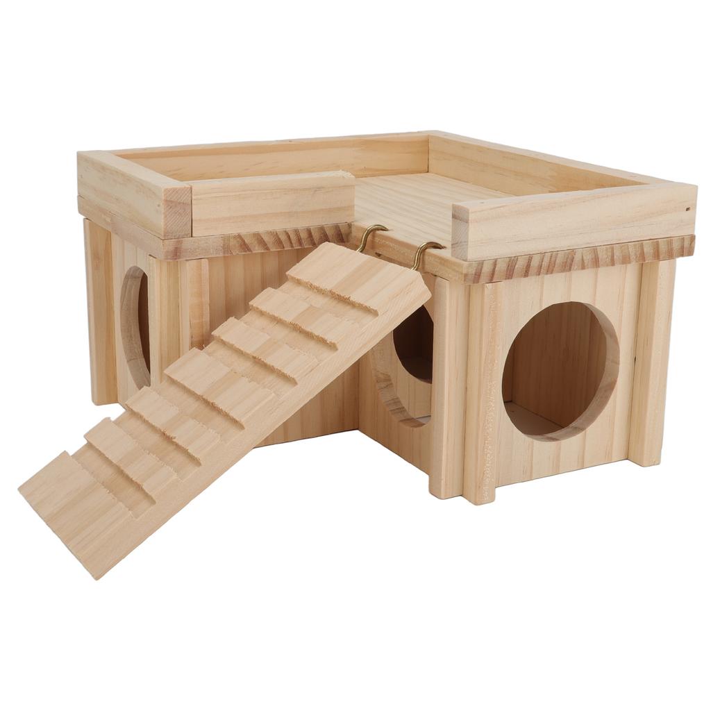Hamster House Multi Rooms Wooden Hideout Tunnel Toy Small Pet Hut with Ladder for Golden Bear