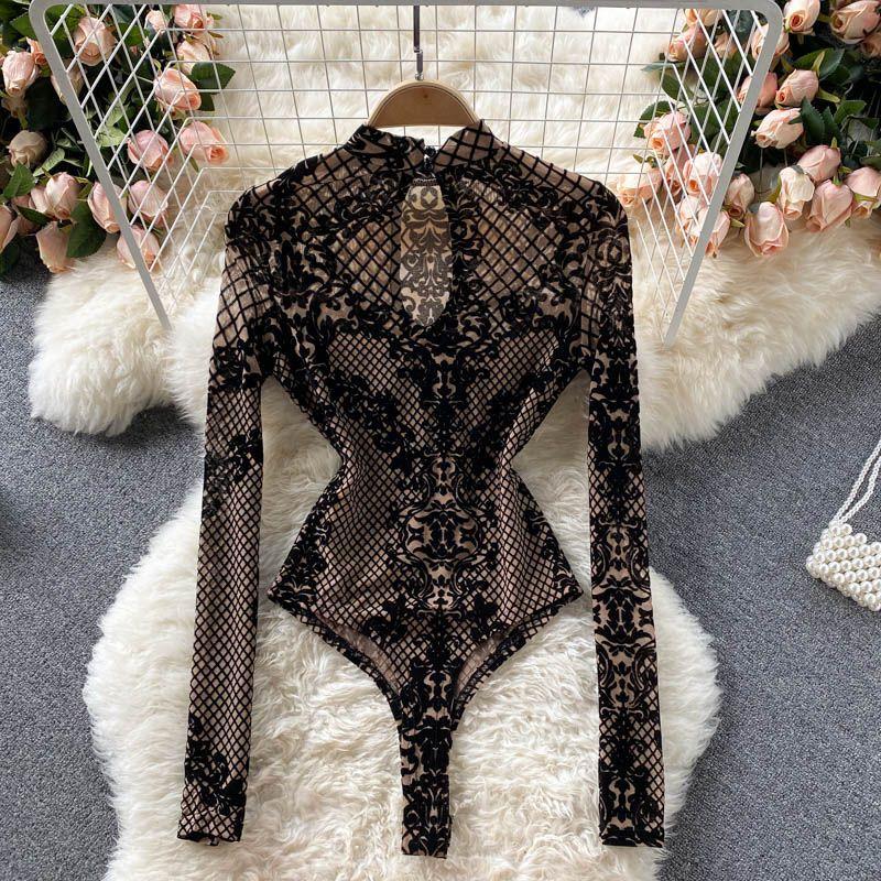 Women Long Sleeve V Neck Lace Trim Fitted Top Brown Black Multi Colors