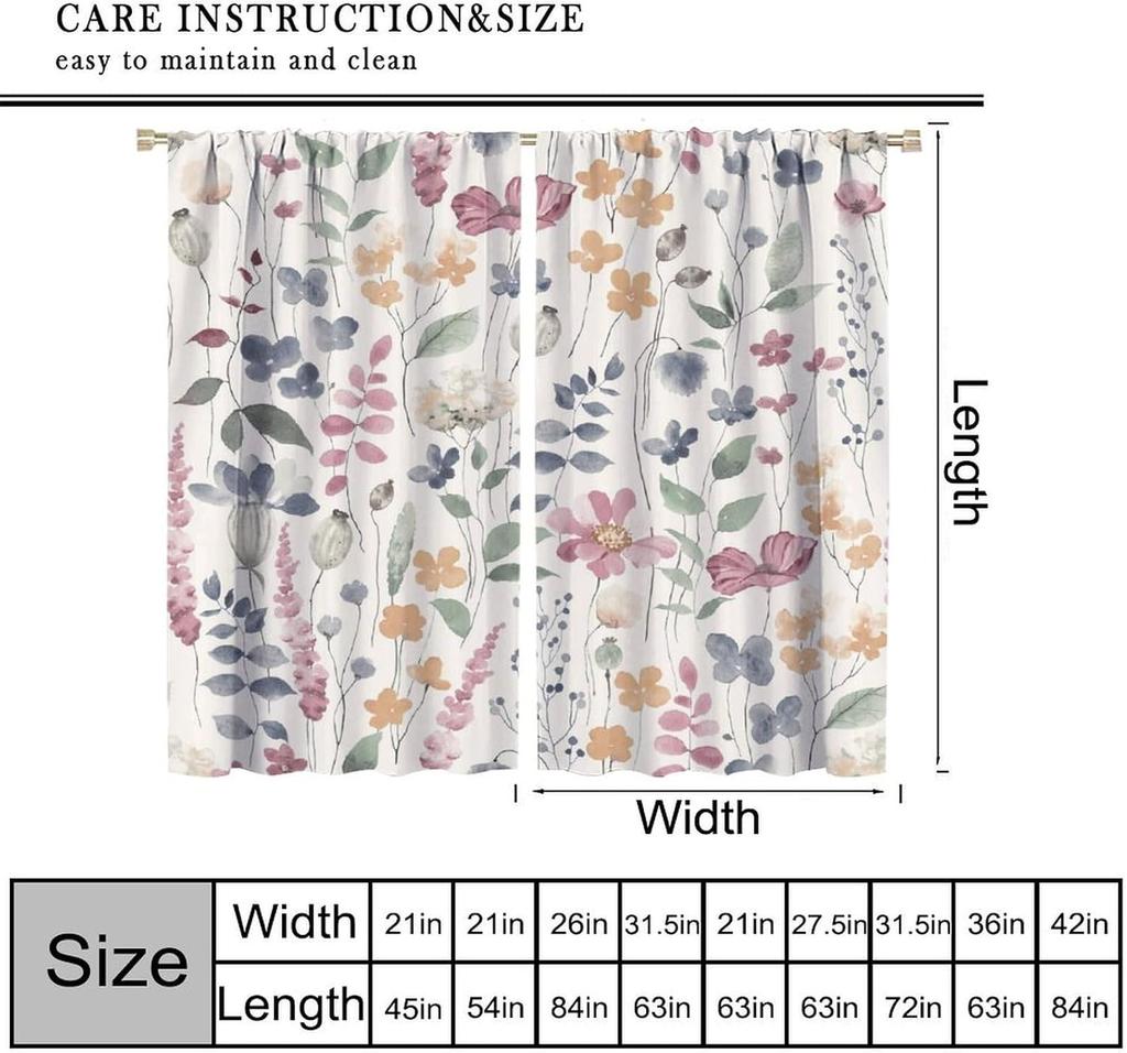 Floral Curta,Farmhouse Colorful Watercolor Wildflower Spring Flower Plant Botanical Pattern Decor Print Window Drapes For