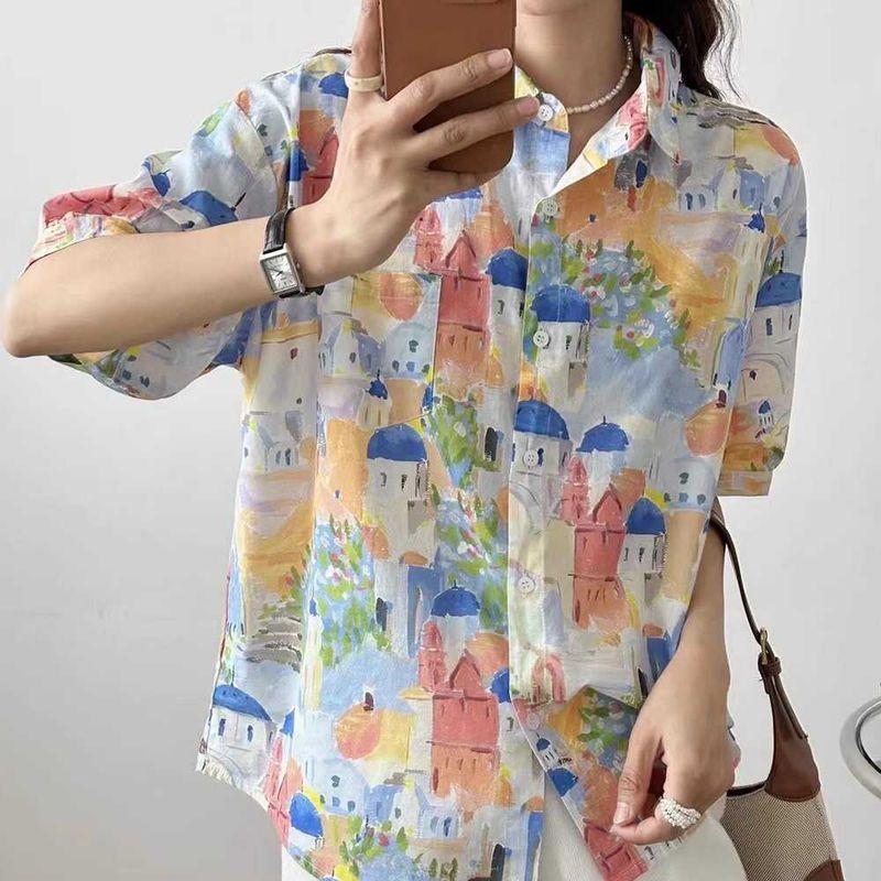 

Summer New Japan fashion Art Student Oil Painting over Print Shirt Short sleeve Shirts Women Loose Neutral Small Man Top Blue graffiti All yards(45.00 kg-67.50 kg)