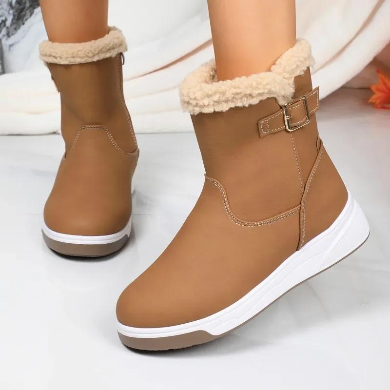 Women Snow Boots Thickened Warm Casual Leather Boots Short High Top Outdoor Non-slip Warm Plush Winter Plush Fashion Boots