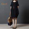 Lady Summer Dress O Neck Short Sleeves Pure Color Loose Side Pockets Knee Length Pullover Casual Commute Midi Dress