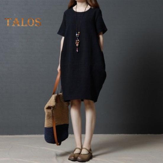 Lady Summer Dress O Neck Short Sleeves Pure Color Loose Side Pockets Knee Length Pullover Casual Commute Midi Dress