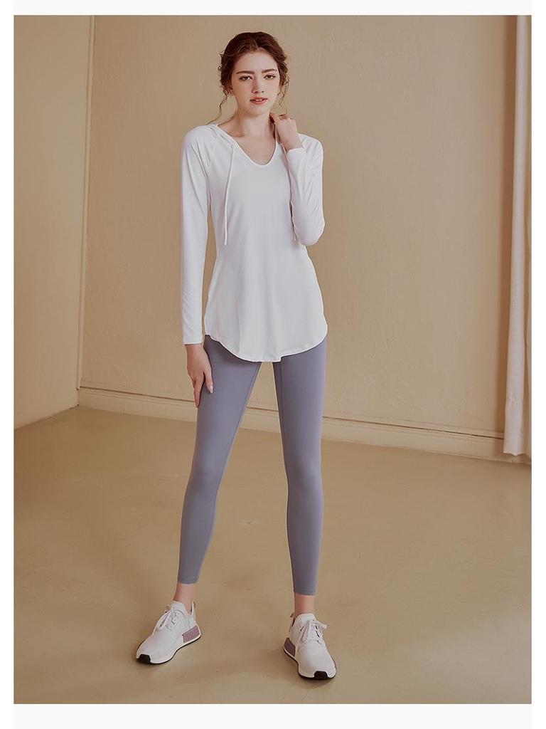 Damska luźna bluza fitness z kapturem i długim rękawem - Casualowy top do jogi o średniej długości, wygodny na jesień