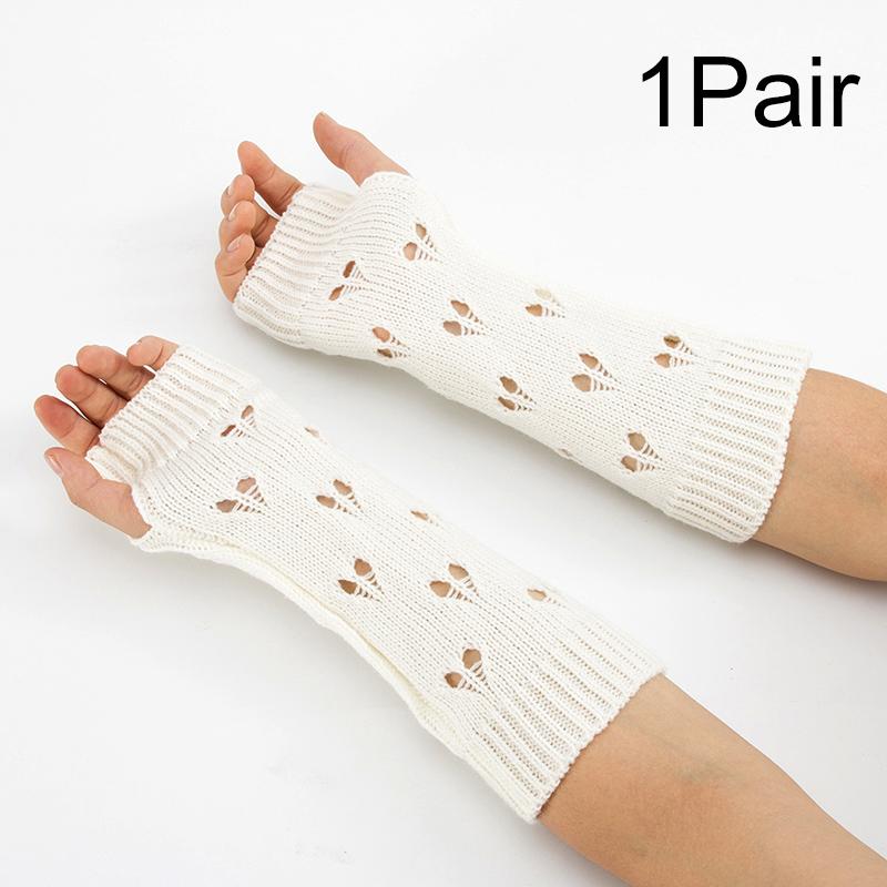 1Pair Fingerless Gloves Half-Finger Hollow Heart Soft Flexible Wool Warm Solid Color Knitted Cold-proof