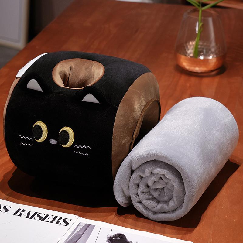 Cute Matcha Chocolate Dessert Cat Design Sleep Cushion And Blanket Set For Nap