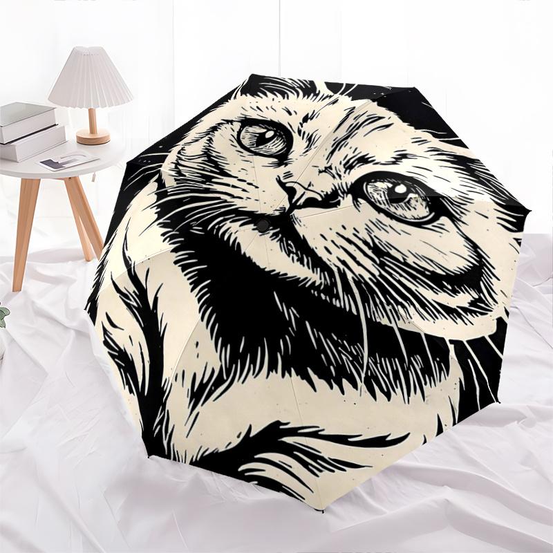 1pc Curious Cat Automatic Opening and Closing Umbrella, Lightweight 3-Fold, With Cute Cartoon Characters, Suitable for Home, Outdoor and Daily Use, Li