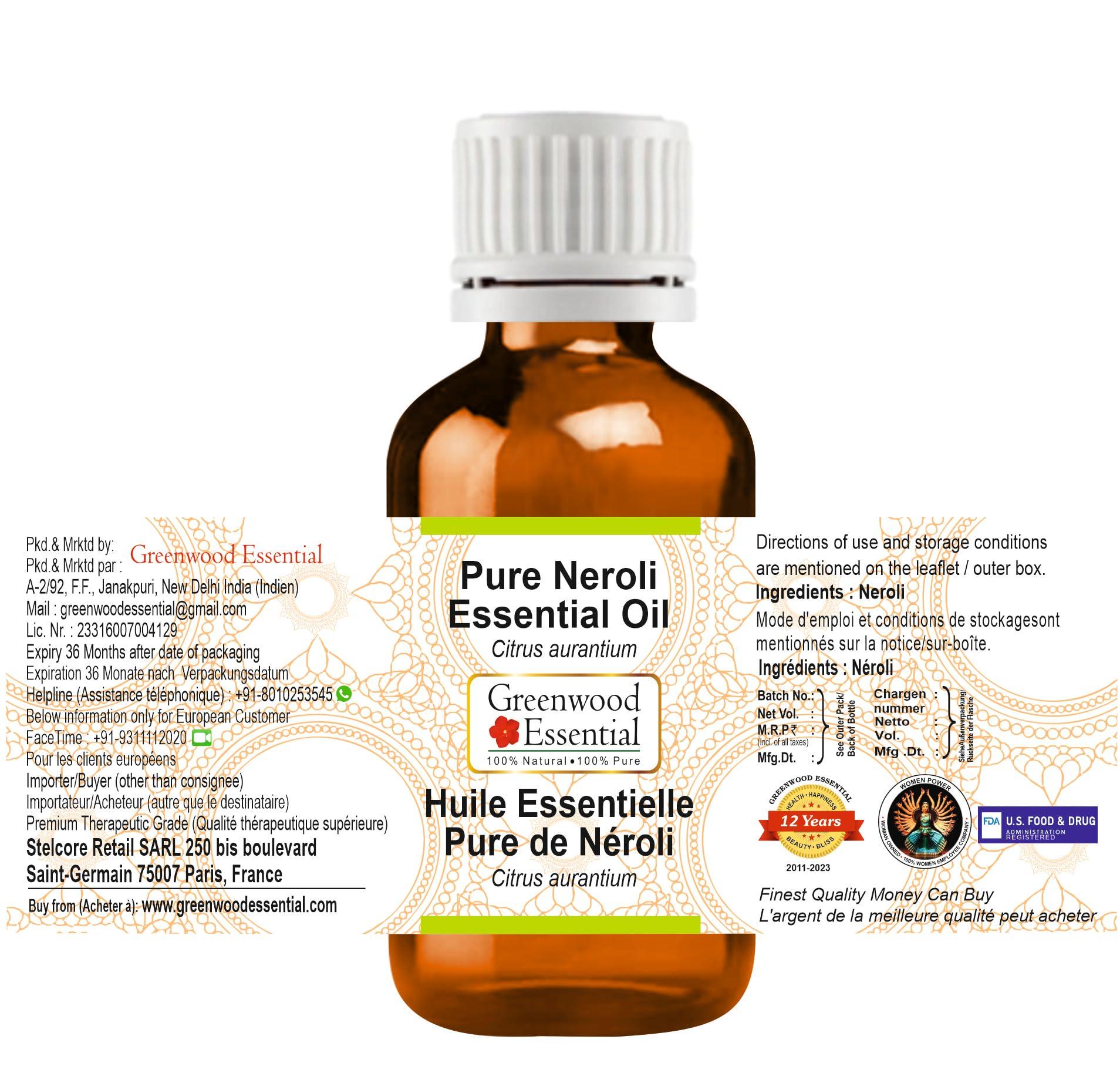 Greenwood Ätherisches Neroliöl (Citrus aurantium) Rein | Nicht klebrig | Nicht fettig | Leicht | Männer & Frauen | Alle Hauttypen | Dampf D black