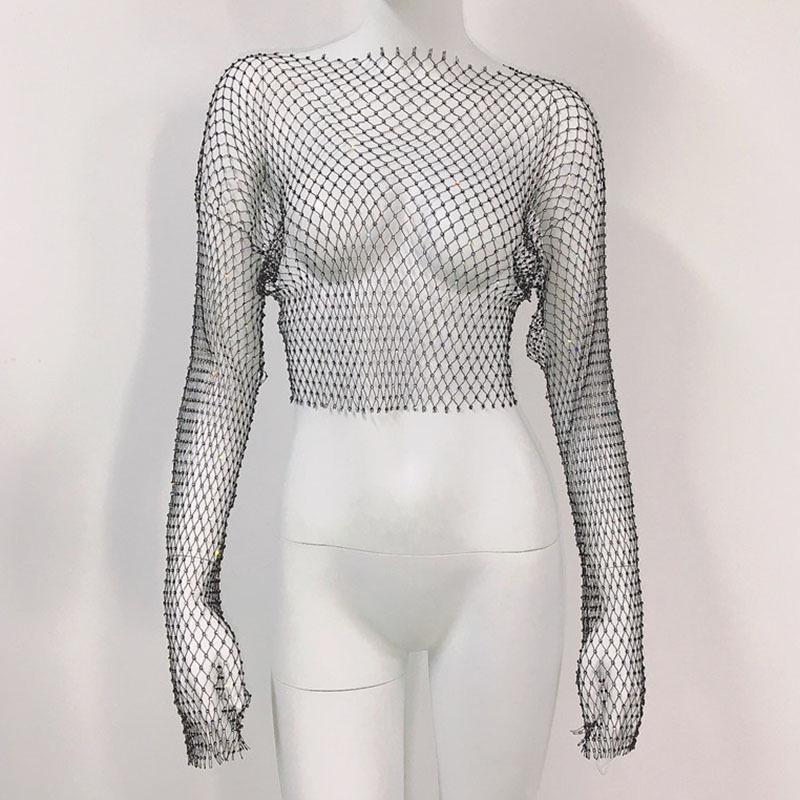 Europäisches & Amerikanisches High-End Mesh Strass Damen Langarmtop