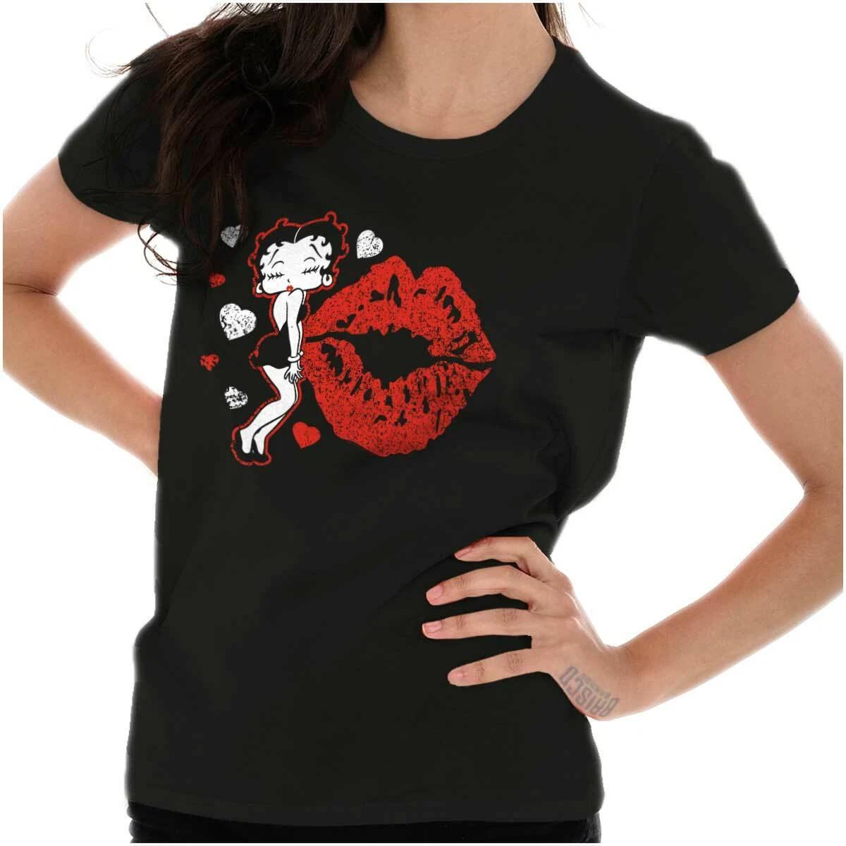 Betty Boop Cartoon Blow Kisses Lips Hearts Womens Top Junior Graphic Tee XXL