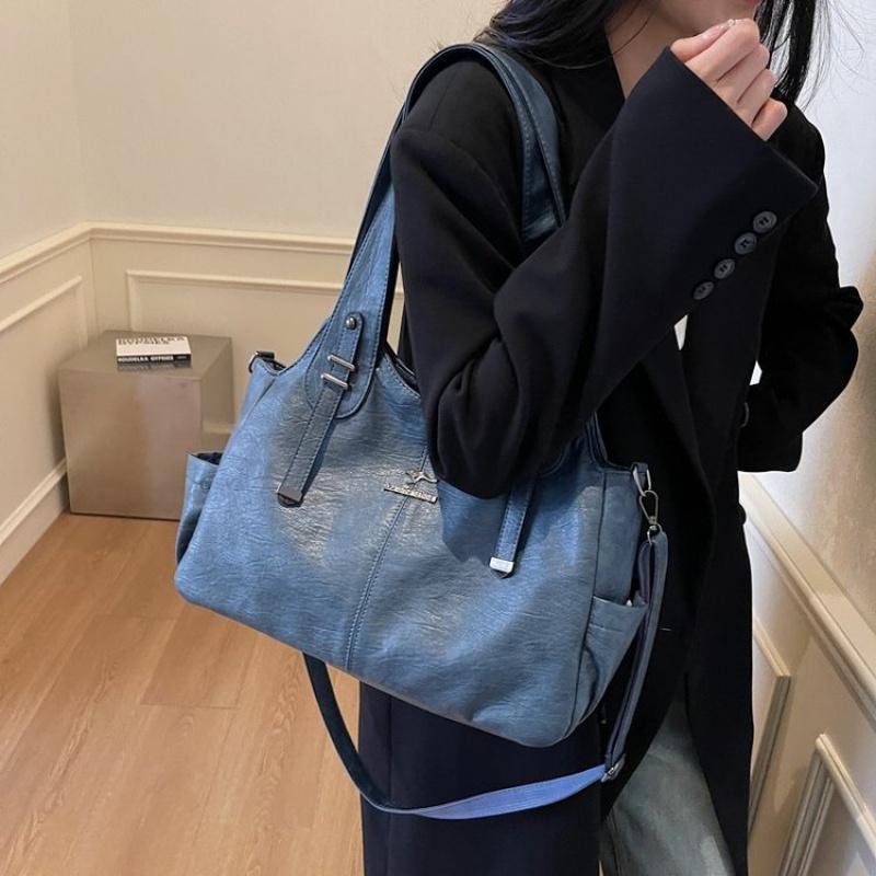 Women Retro Soft Leather Tote Bag Large Capacity Shoulder Handbag Vintage Multi-Pocket Work Shopping Crossdbody Bags