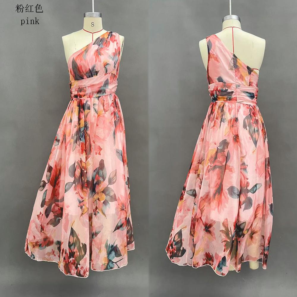 2026 Summer New European and American Cross-border Women's Clothing Digital Printing Temperament Elegant Slanted Shoulder Sleeveless Dress