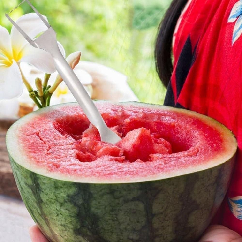 2-in-1 Stainless Steel Watermelon Cutter, Watermelon Slicer, Fruit Watermelon Cutting Tool, Double Head Stainless Steel Watermelon Cutter & Fruit Fork