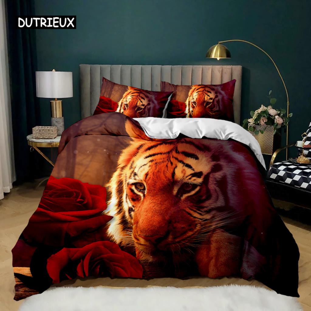 Tiger Duvet Cover Set Red Rose Flower Comforter Cover Boys African Safari Wild Animals Big Cat Queen King Polyester Qulit Cover