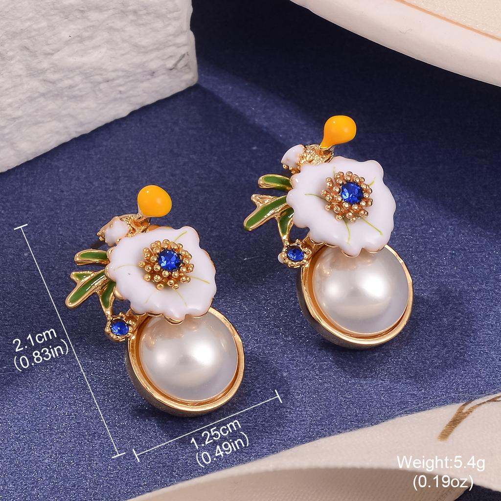 Fresh new Chinese flower stud oil painting style high-end enamel pearl earrings vintage national style tassel earrings women