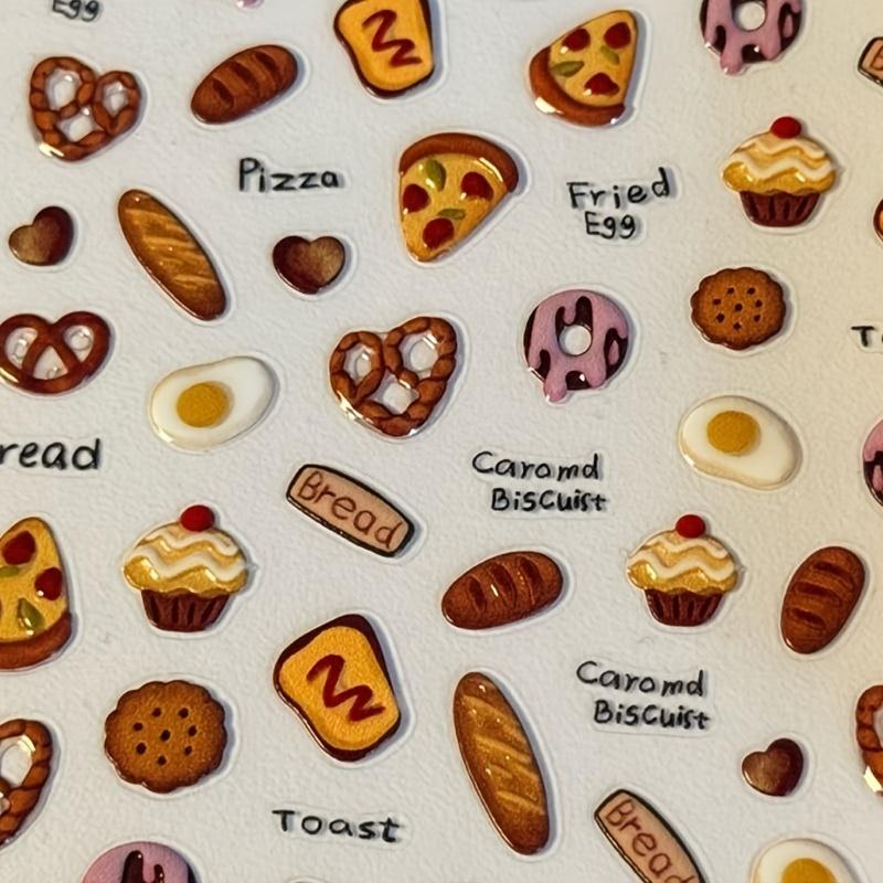 1pc of 3D Relief Nail Stickers Brown Y2K Style Cute Cookies Cake Bread Pizza Cute Food Stickers DIY Nail Stickers Creative Stickers