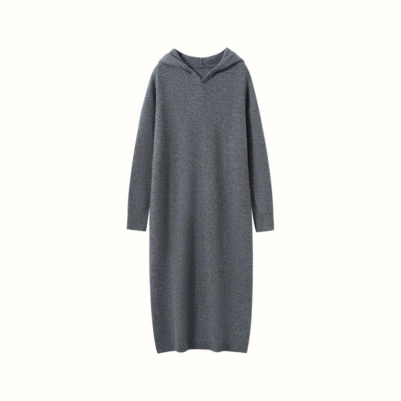 Autumn/Winter Hooded Wool Knit Sweater Dress - Solid, Loose, Soft, Warm, Mid-Length Cashmere.