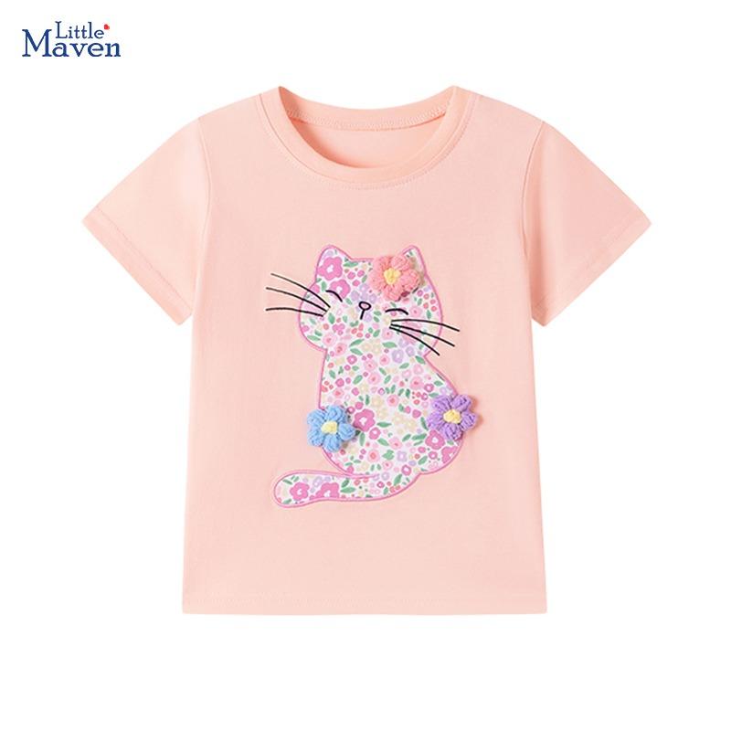 Little maven Лето 2026 Детская одежда Мультяшные Цветы Кошки Футболки Подростки Маленькие Девочки Топы Футболки Детская Одежда Футболки 110
