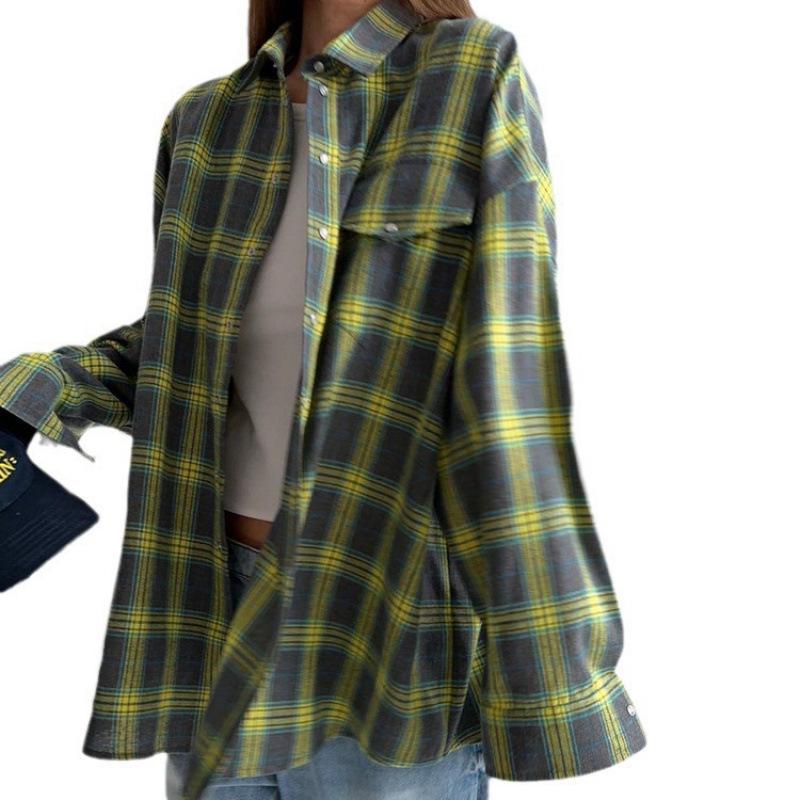 Women's Retro Plaid Long Sleeve Loose Lapel Shirt for Spring and Autumn