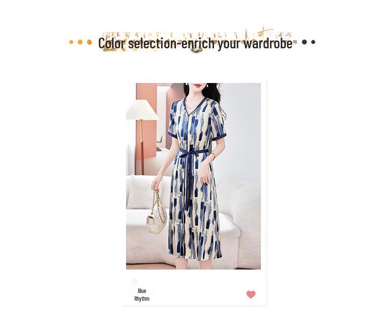Women's V-Neck Satin Silk Dress - Medium Length, Summer 2025 Collection, Short Sleeves