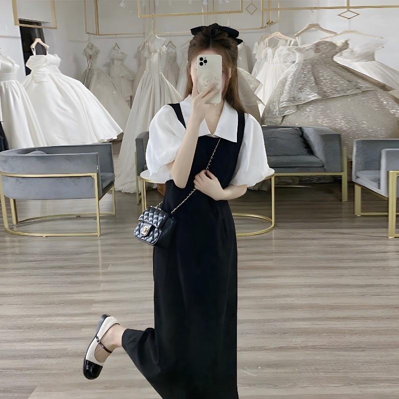 Black strap dress, summer dress, with a complete set of small tea clothes, and a two-piece set for the female lead of Korean dramas.