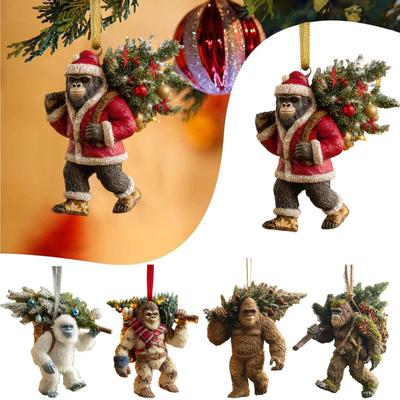 Big Foot Carrying Christmas Tree Hanging Ornament 2D Flat Acrylic Christmas Tree Ornaments for Holiday Home Party Decor
